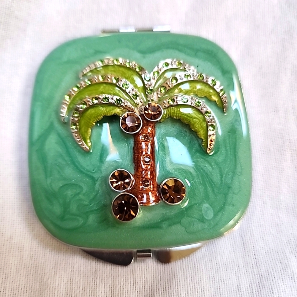 New Spring Street Compact & Mirror Green Palm Tree/Crystals